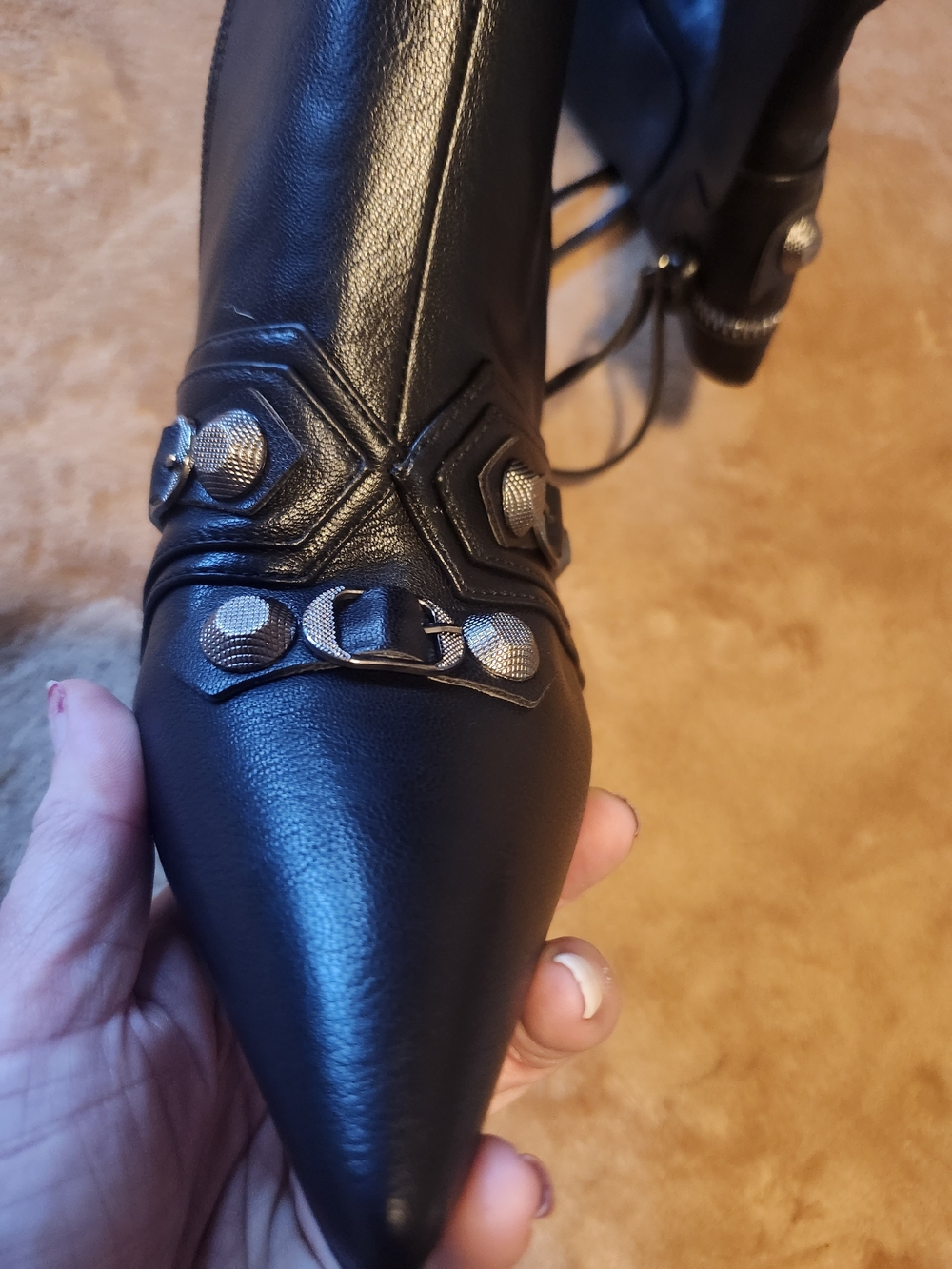 Black Stiletto Knee-High Boots with Decorative Buckles NEW IN BOX - Picture 4 of 5